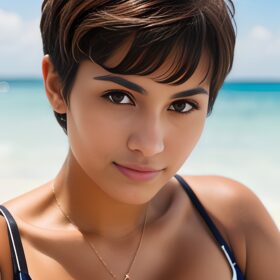 close dark skin bikini pixie haircut