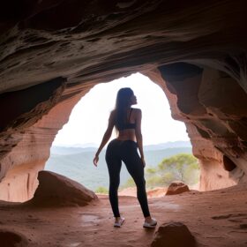 darker skin yoga pants long hair cave