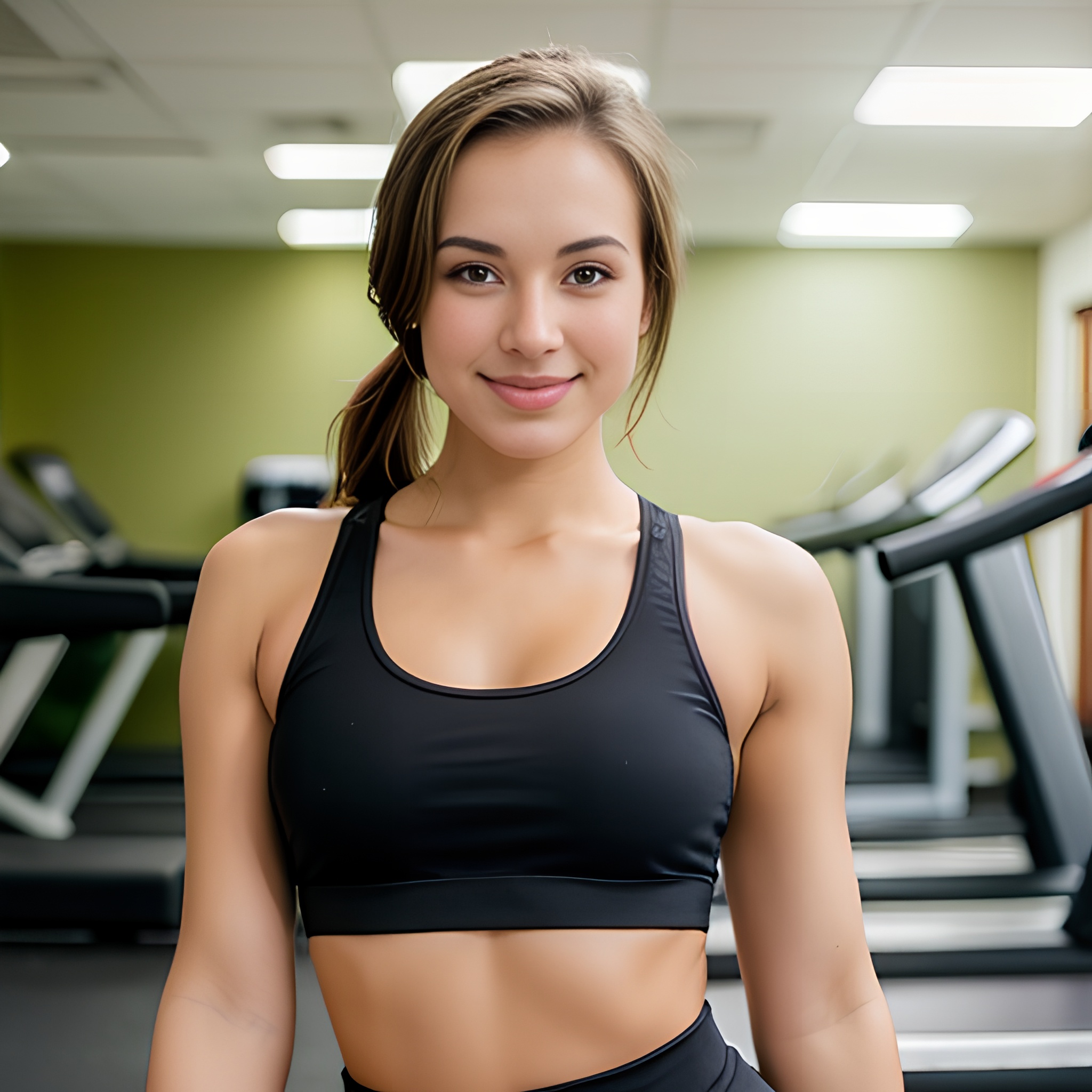 gym topless yoga pants ponytail haircut