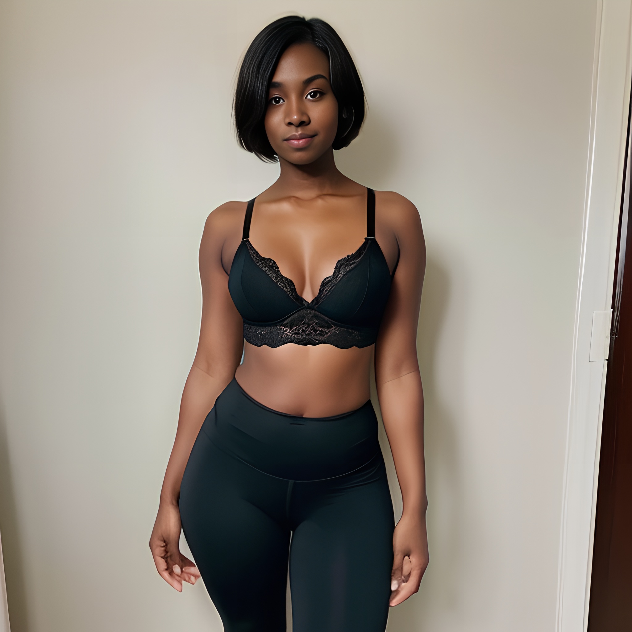 lingerie darker skin yoga pants pixie haircut 