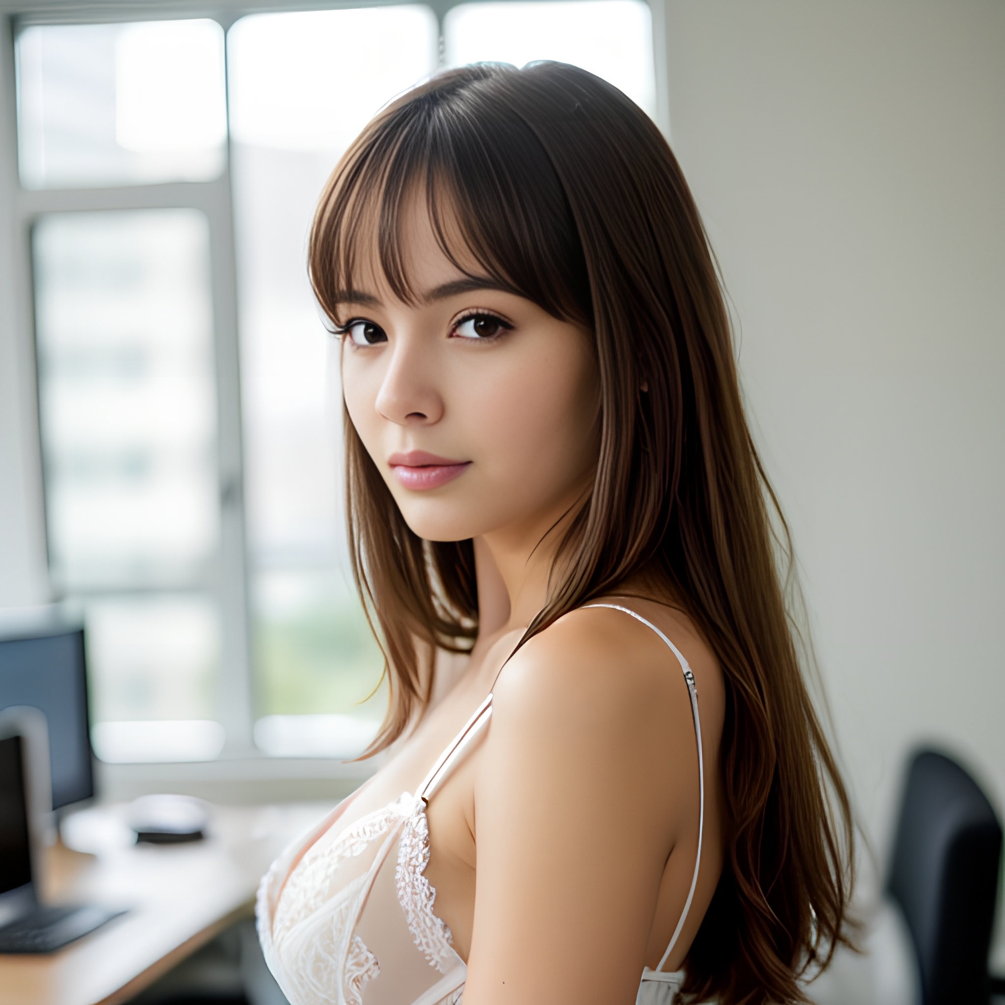 office messy hair side lingerie