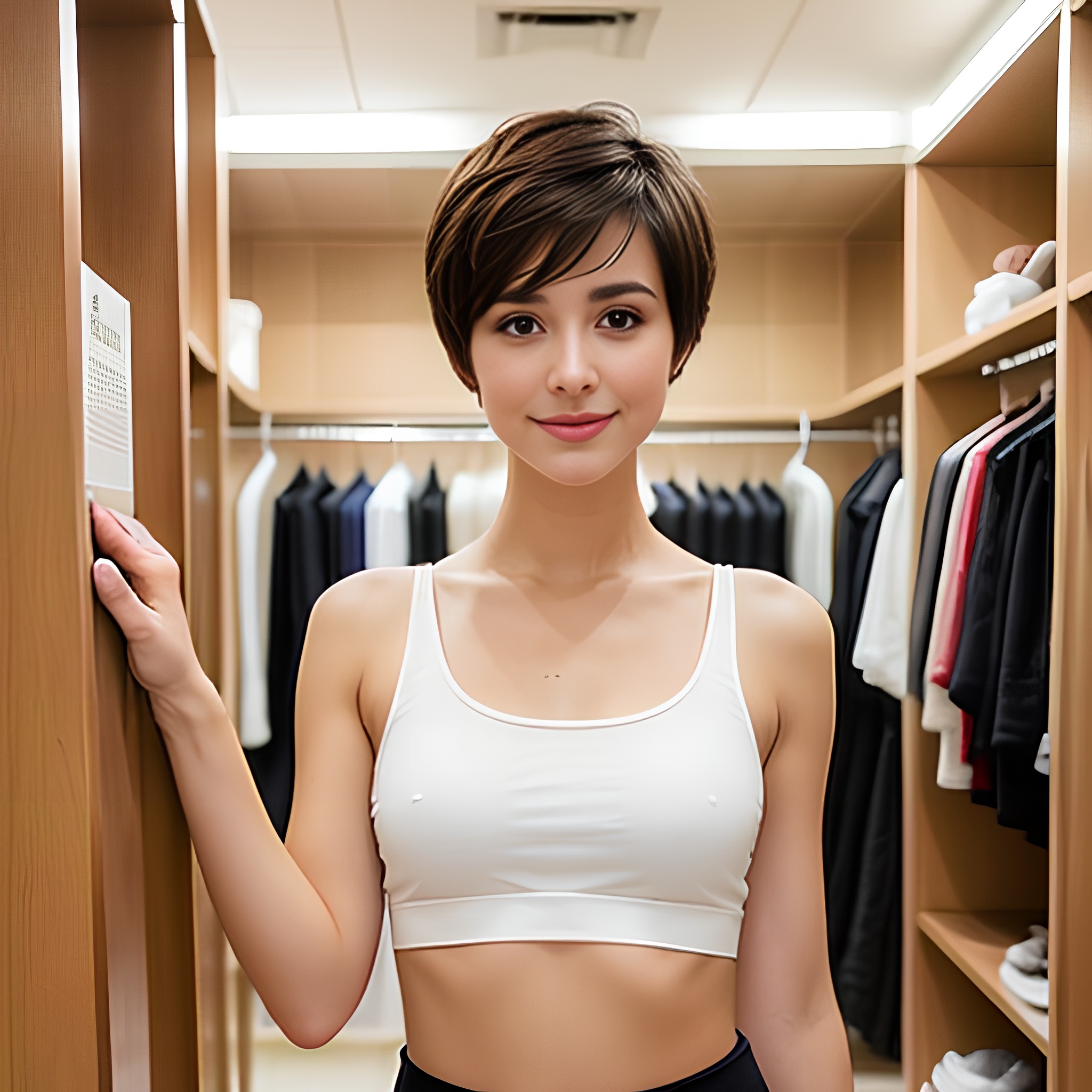 pixie haircut changing room yoga pants