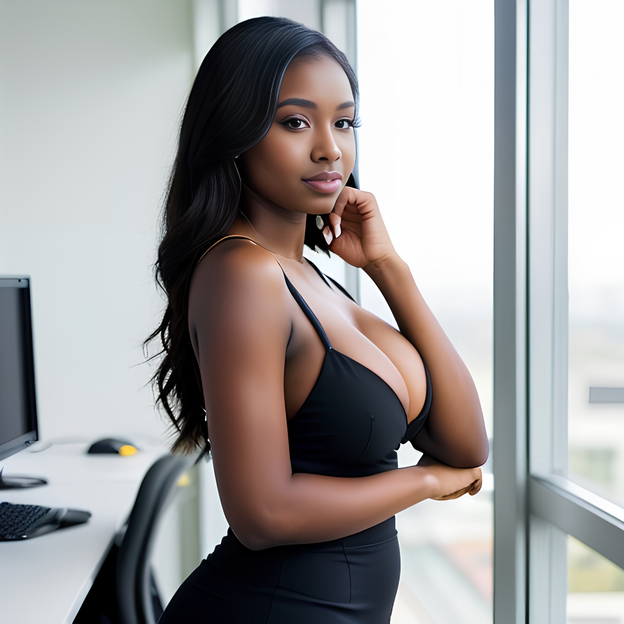 side darker skin office cleavage 