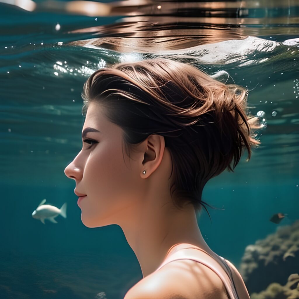 yoga pants back pixie haircut underwater 