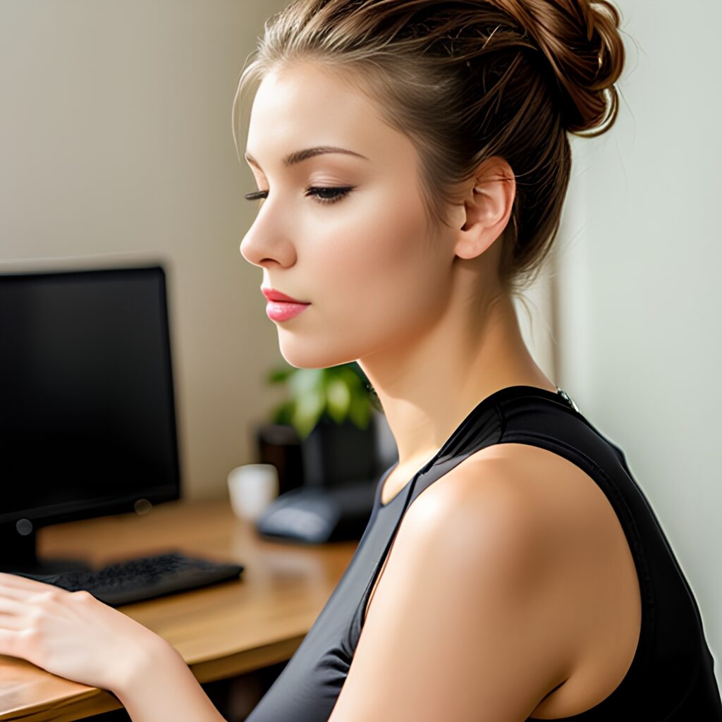 yoga pants office bangs hair 