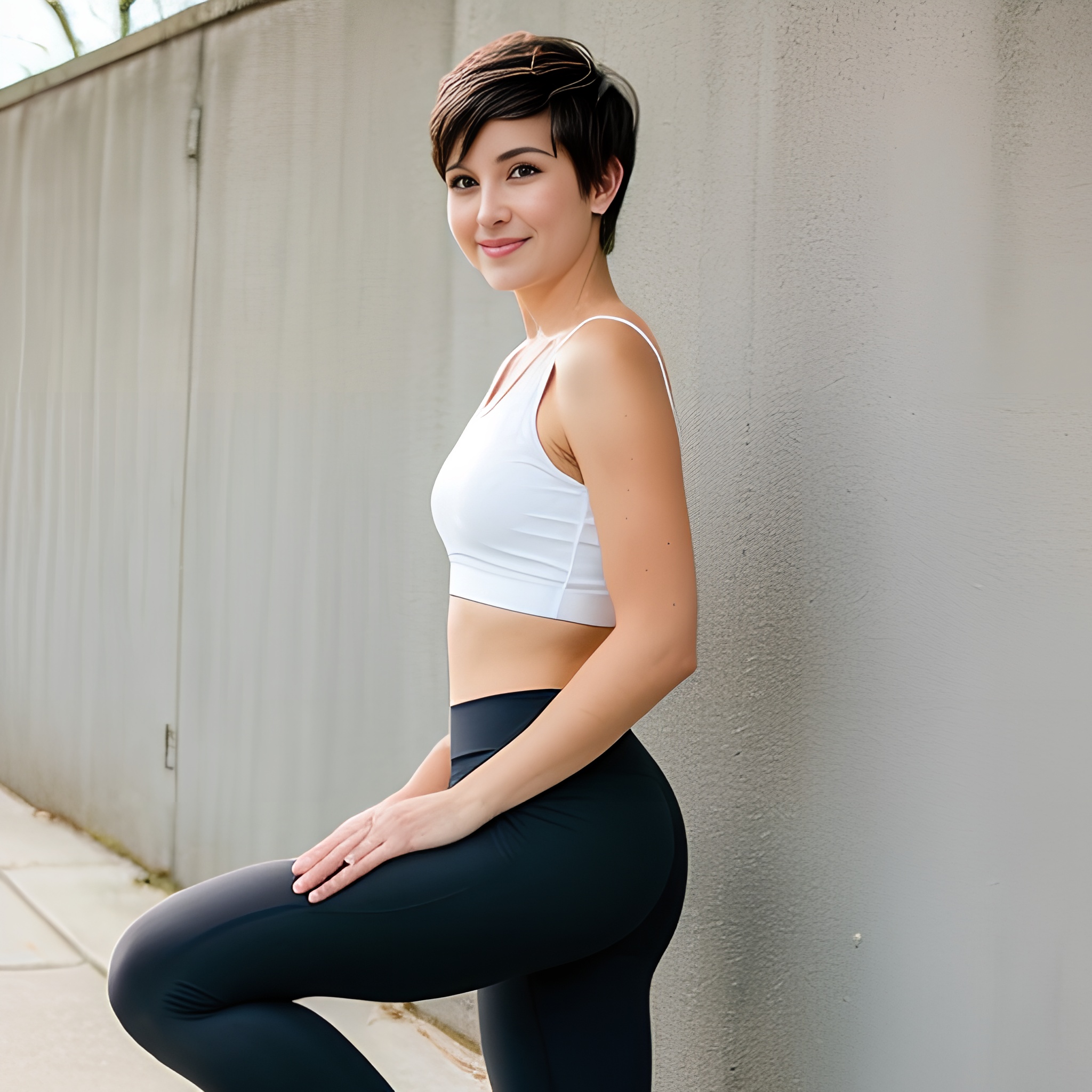 yoga pants pixie haircut 