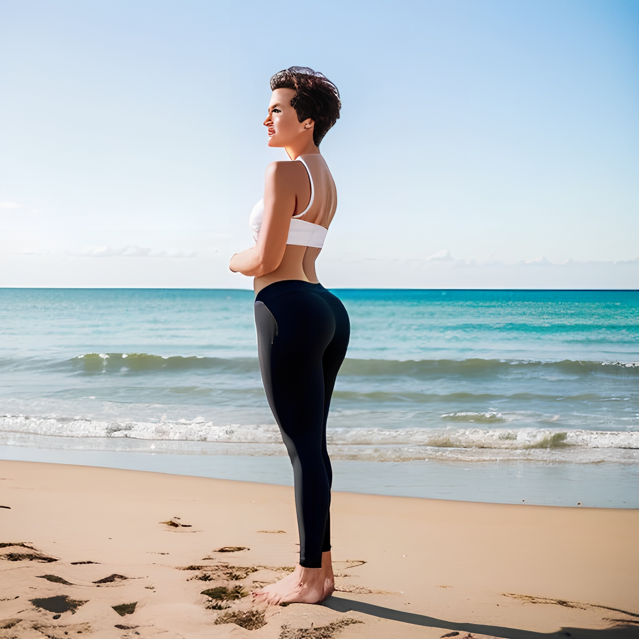 beach yoga pants side short hair 