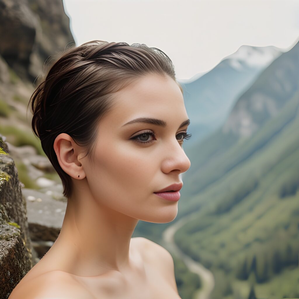 filipina pixie haircut close mountains 