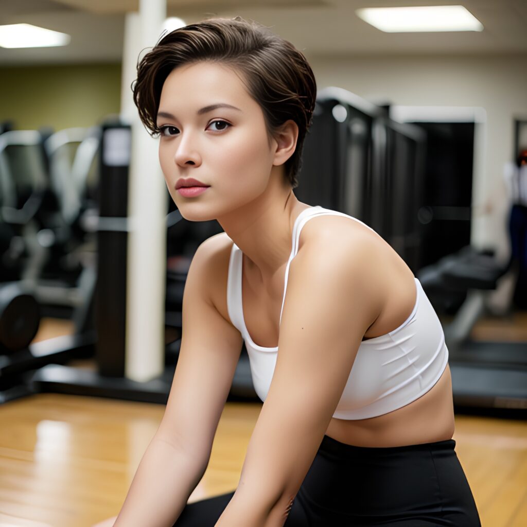 gym pixie haircut yoga pants 