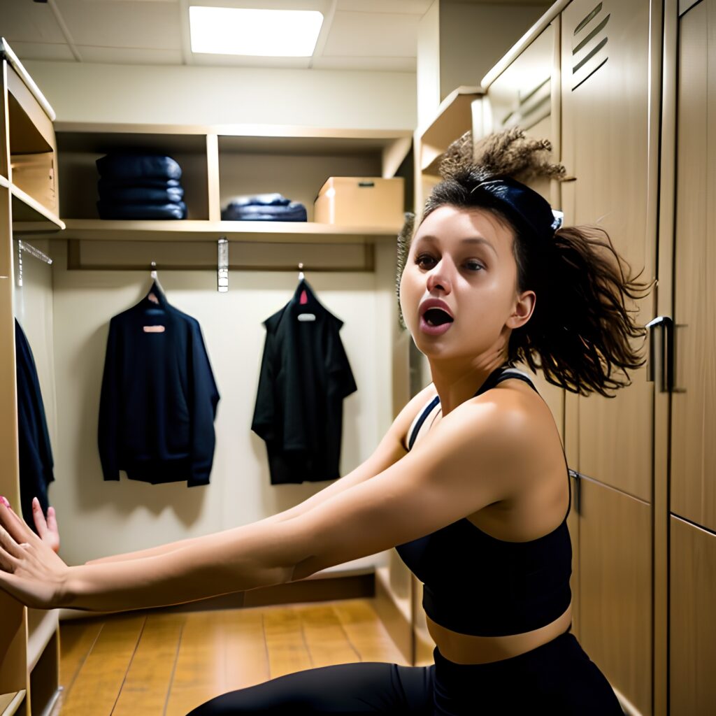 messy hair yoga pants locker room 