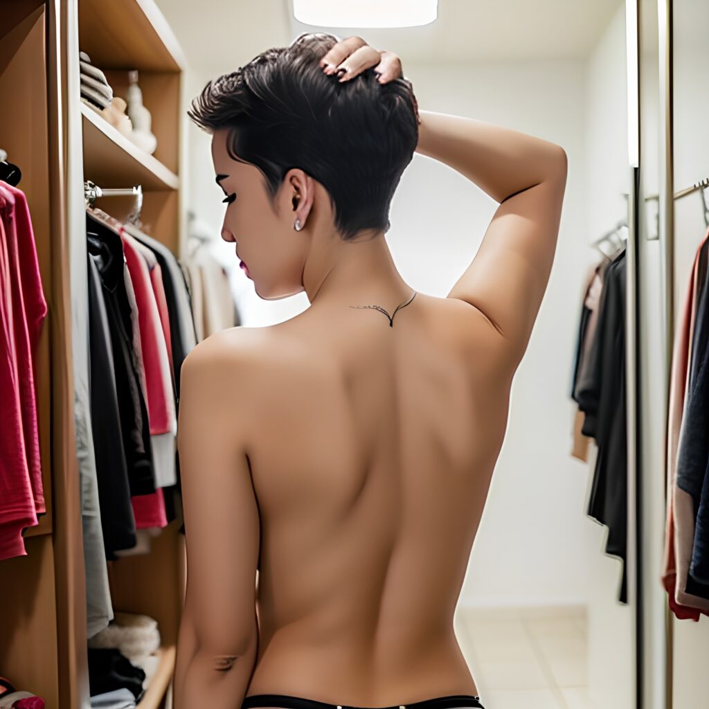 pixie haircut changing room topless 