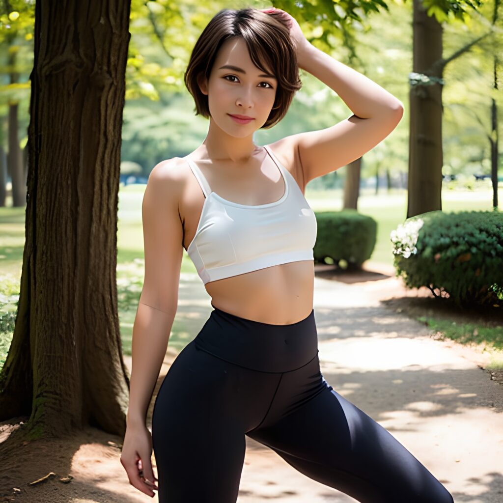 pixie haircut yoga pants 