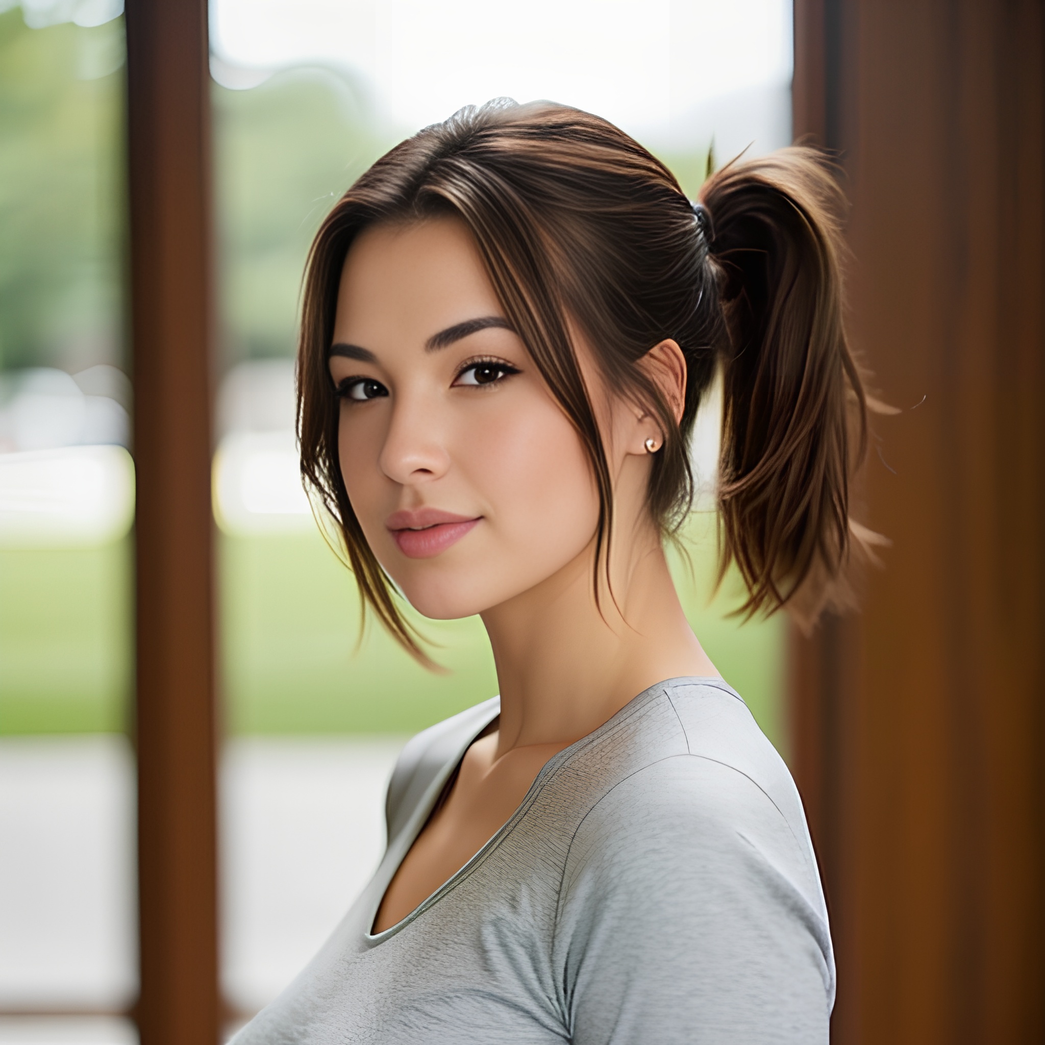 side ponytail haircut yoga pants