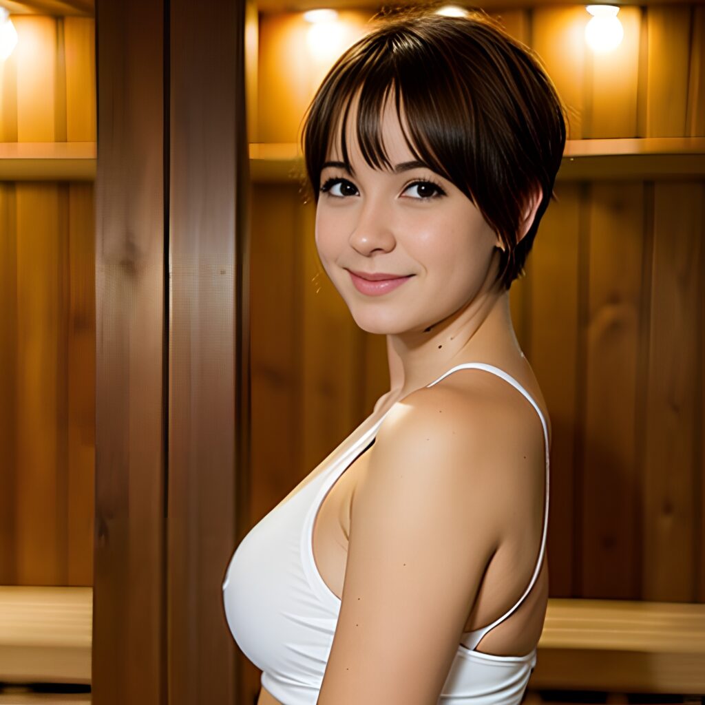 side yoga pants sauna pixie haircut 