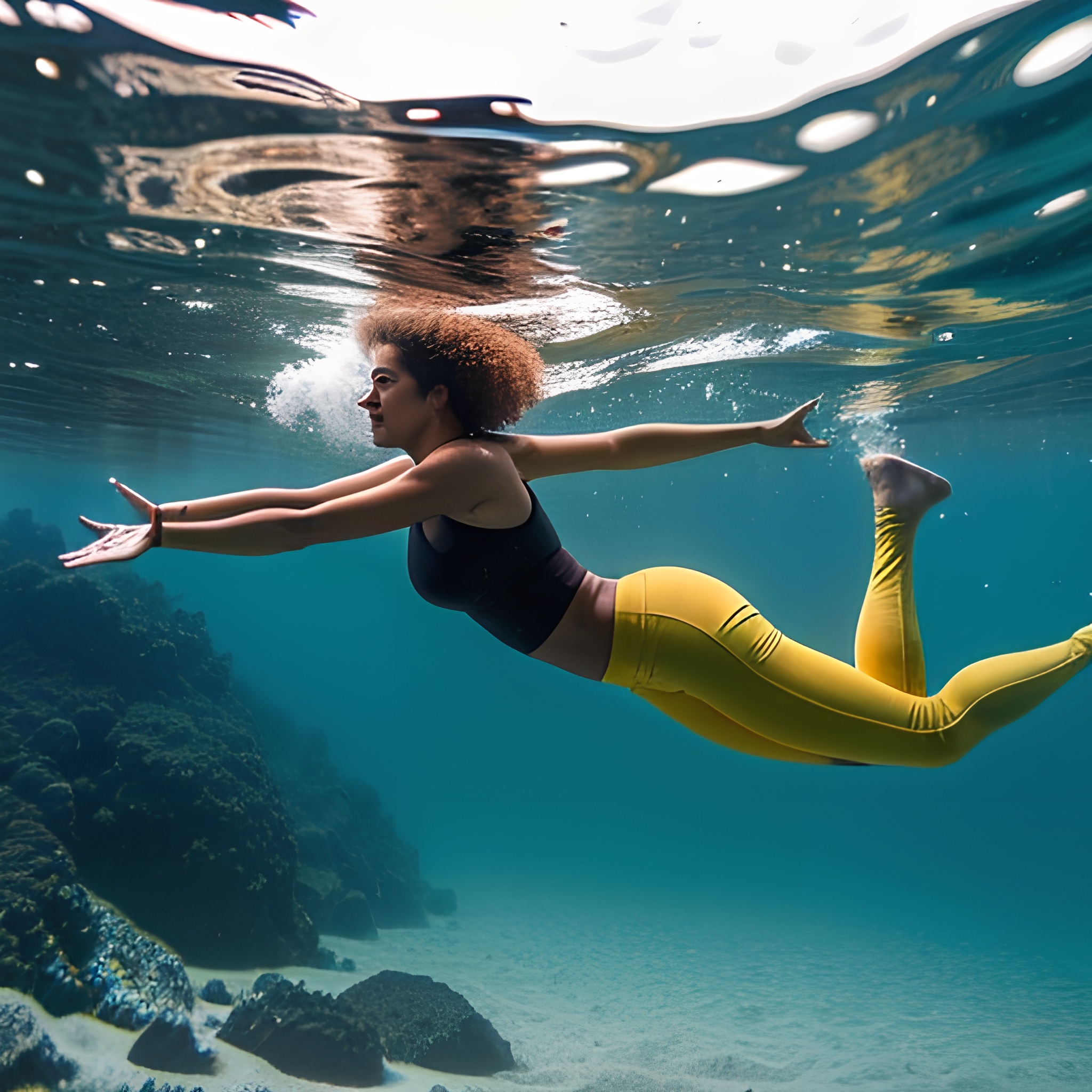 yoga pants dark skin curly hair underwater 