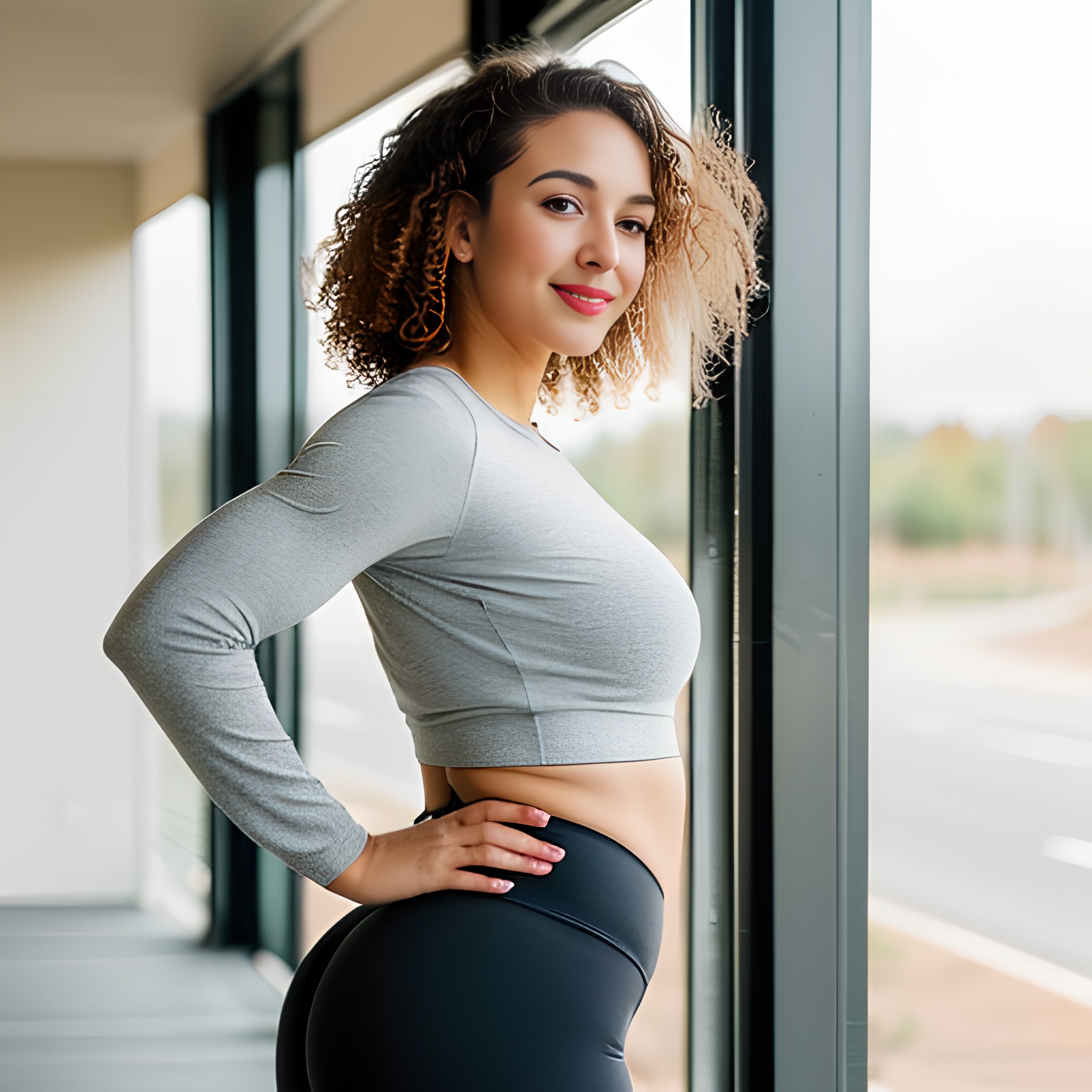 yoga pants lipstick curly hair side 