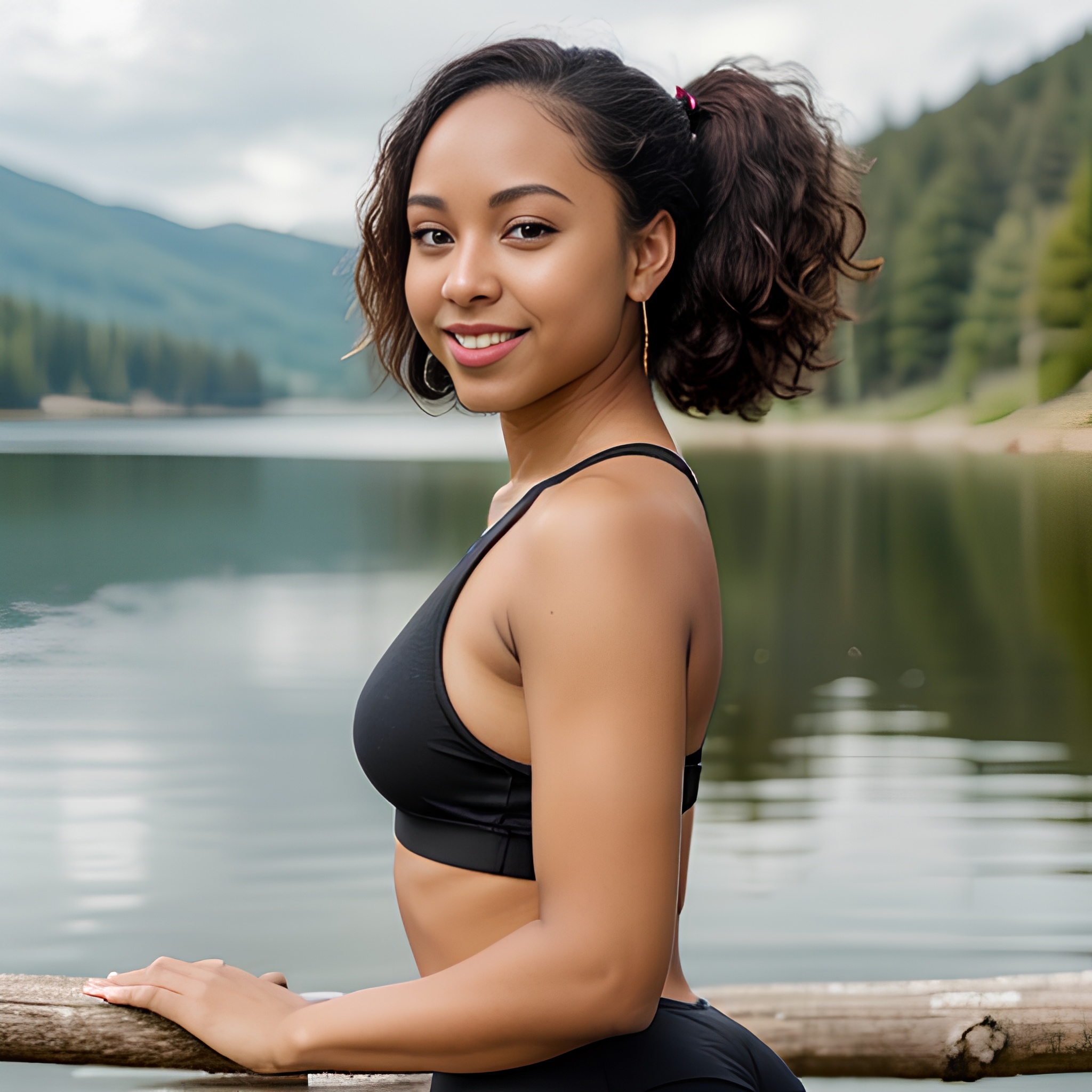yoga pants ponytail haircut lake