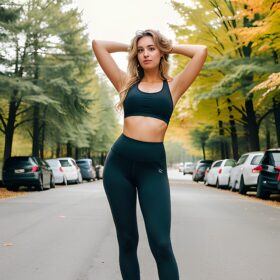 messy hair yoga pants