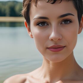 short hair lipstick close lake