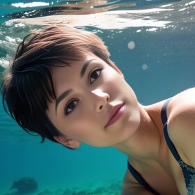 underwater bra pixie haircut front