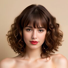 close bangs hair curly hair lipstick