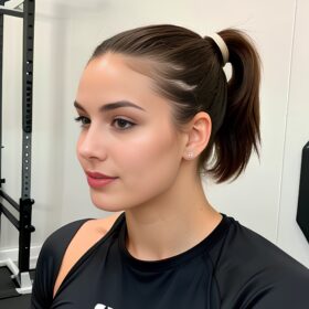 ponytail haircut lipstick gym