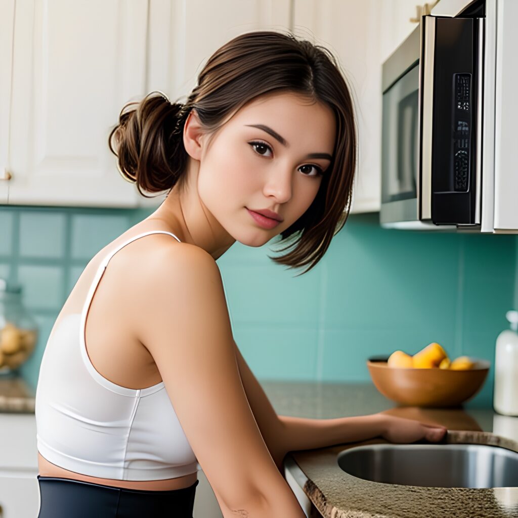 side yoga pants bangs hair kitchen 