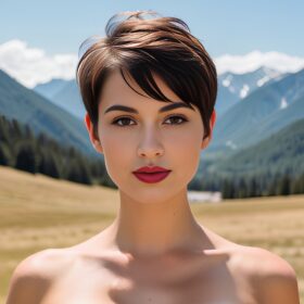 mountains lipstick pixie haircut