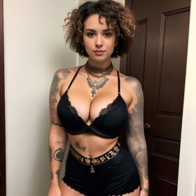 short hair curly hair tattoo cleavage