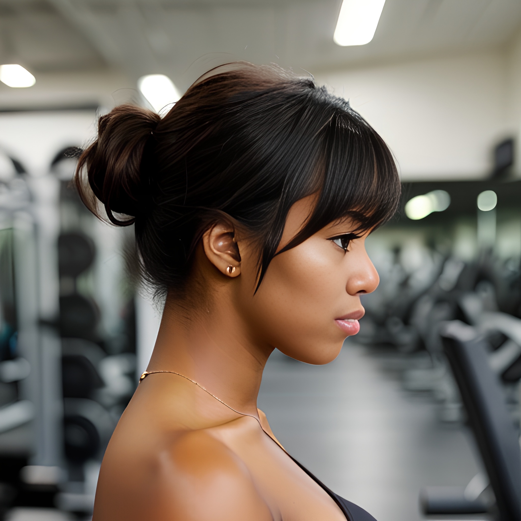 side bangs hair darker skin gym 