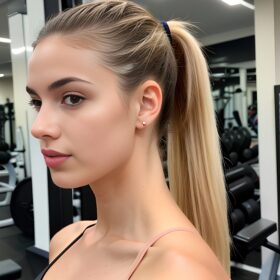 gym lipstick ponytail haircut