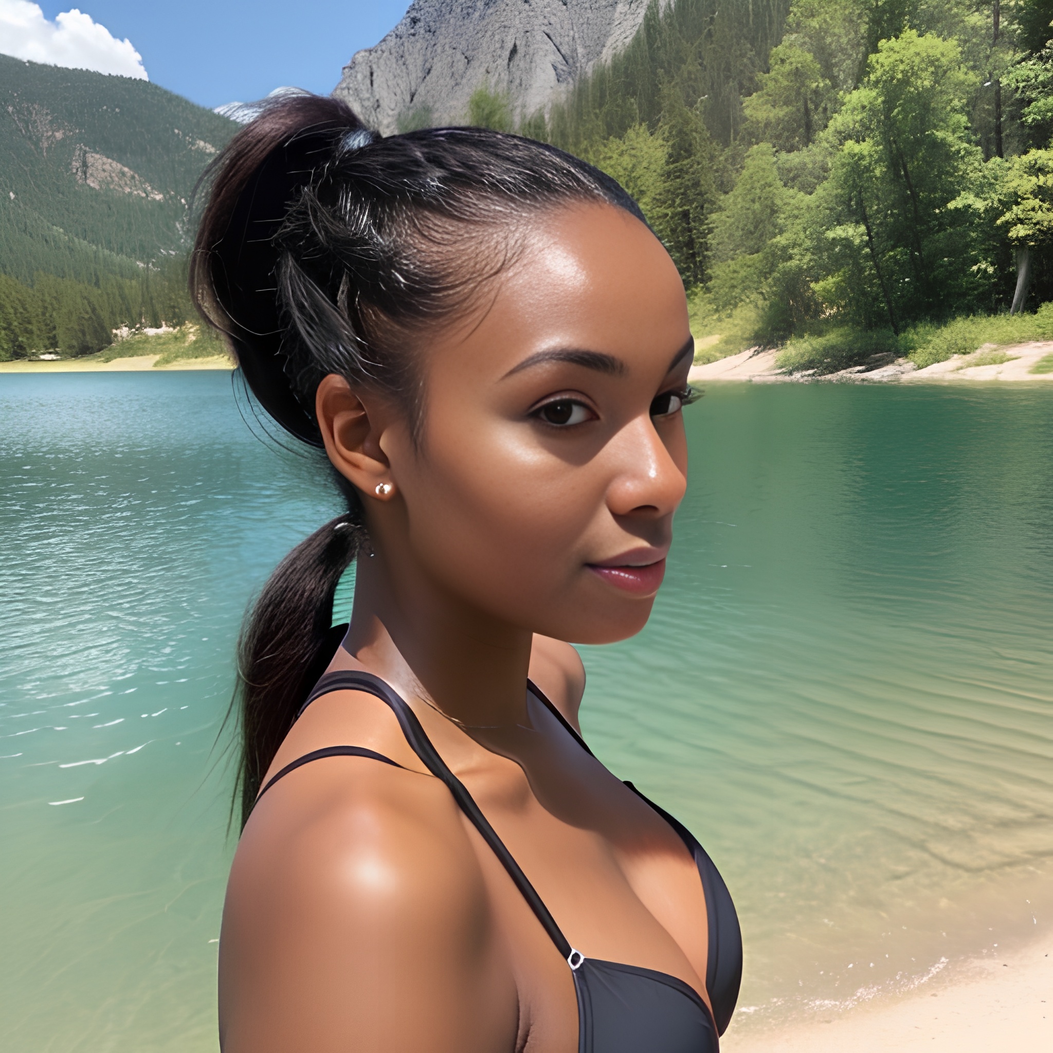 lake bikini darker skin ponytail haircut 