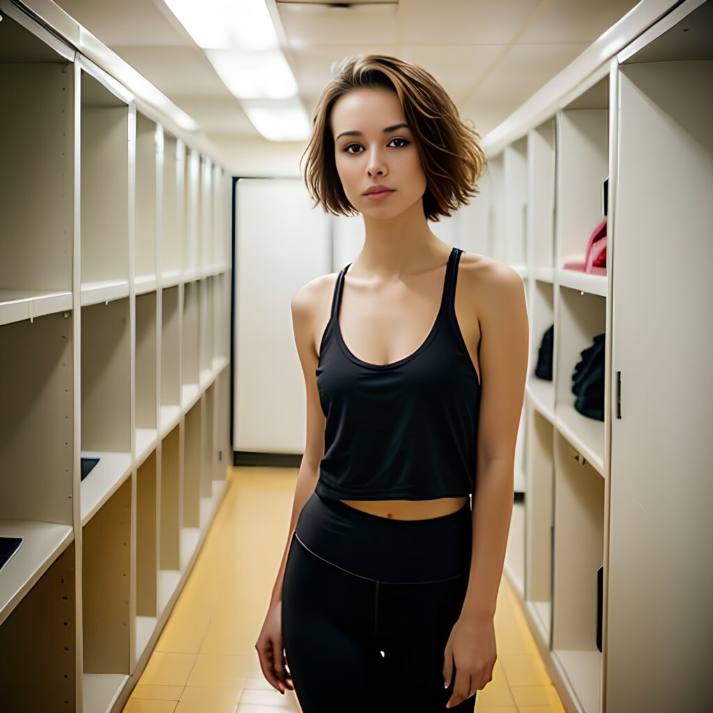 yoga pants locker room messy hair 