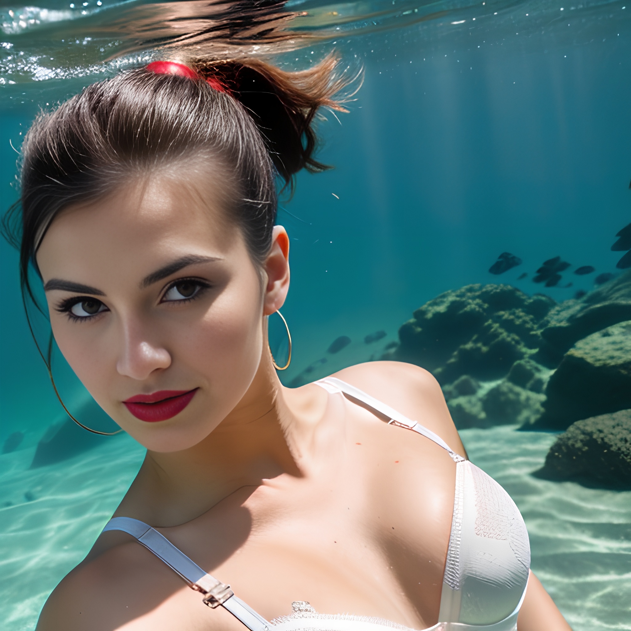 ponytail haircut lipstick underwater bra 