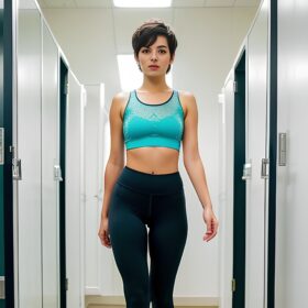 yoga pants changing room beautiful pixie haircut