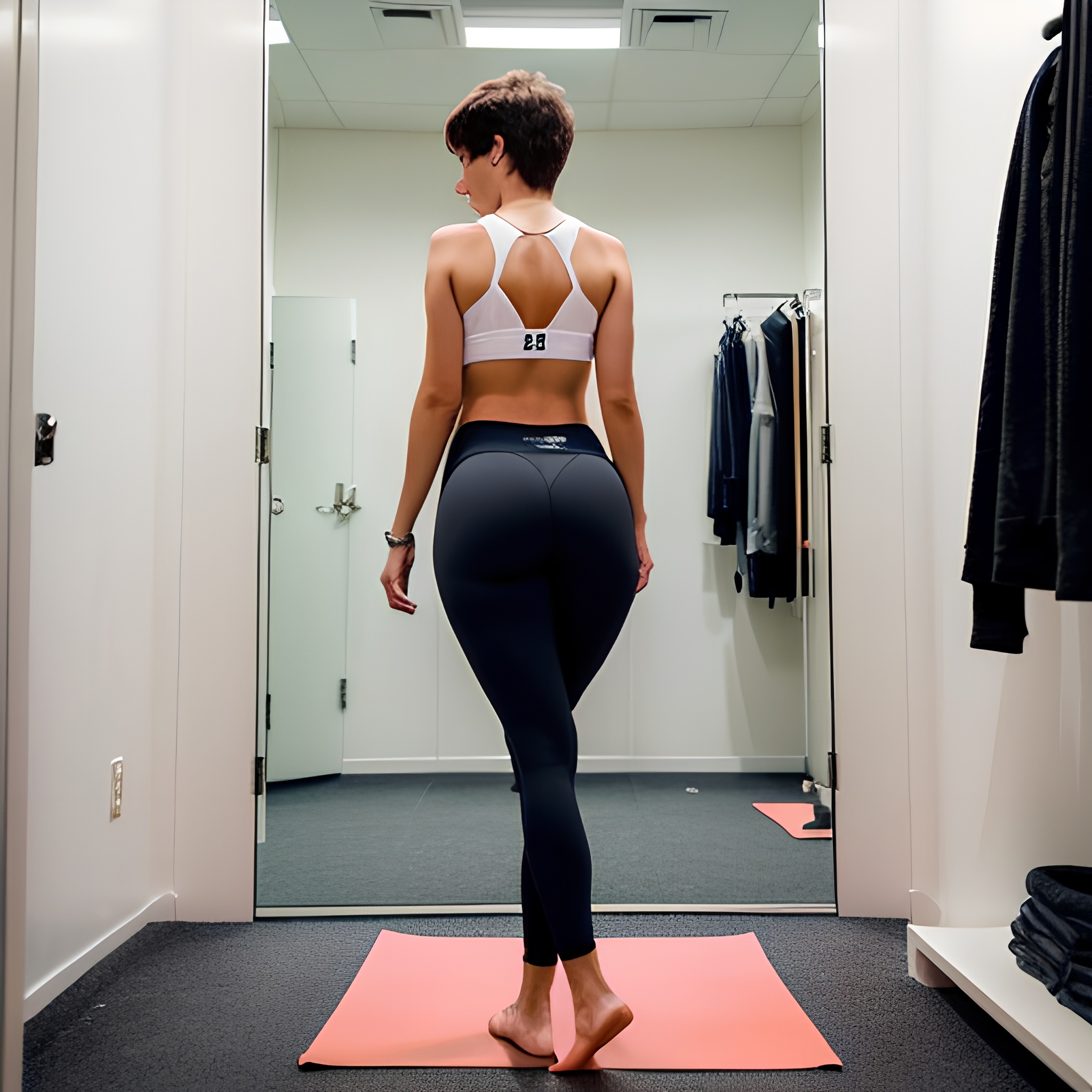 yoga pants cum on body short hair changing room 