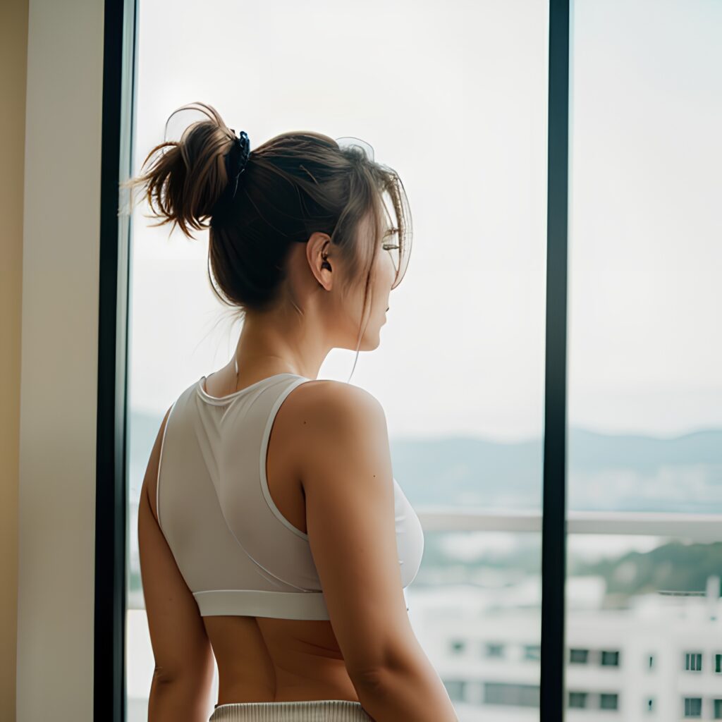 yoga pants messy hair 