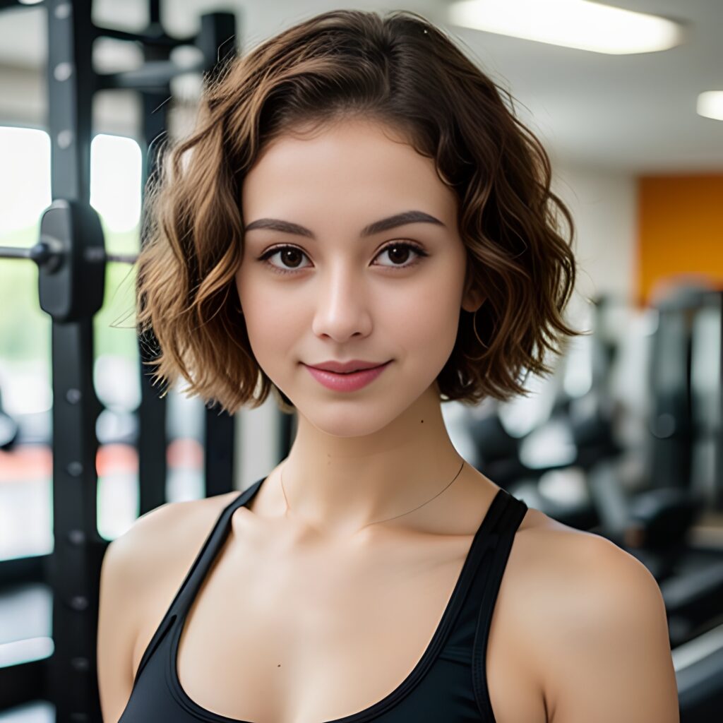 gym yoga pants pixie haircut 