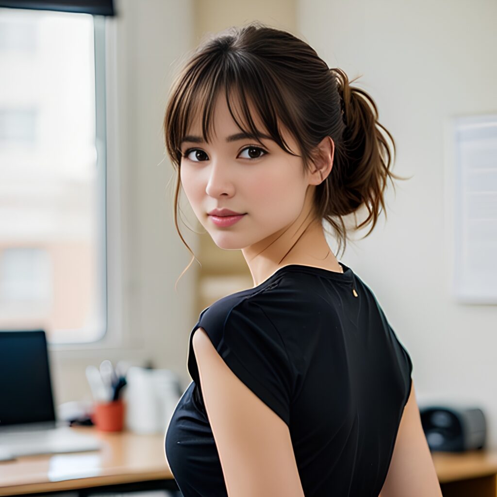 messy hair yoga pants office 