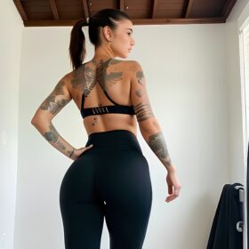ponytail haircut yoga pants tattoo