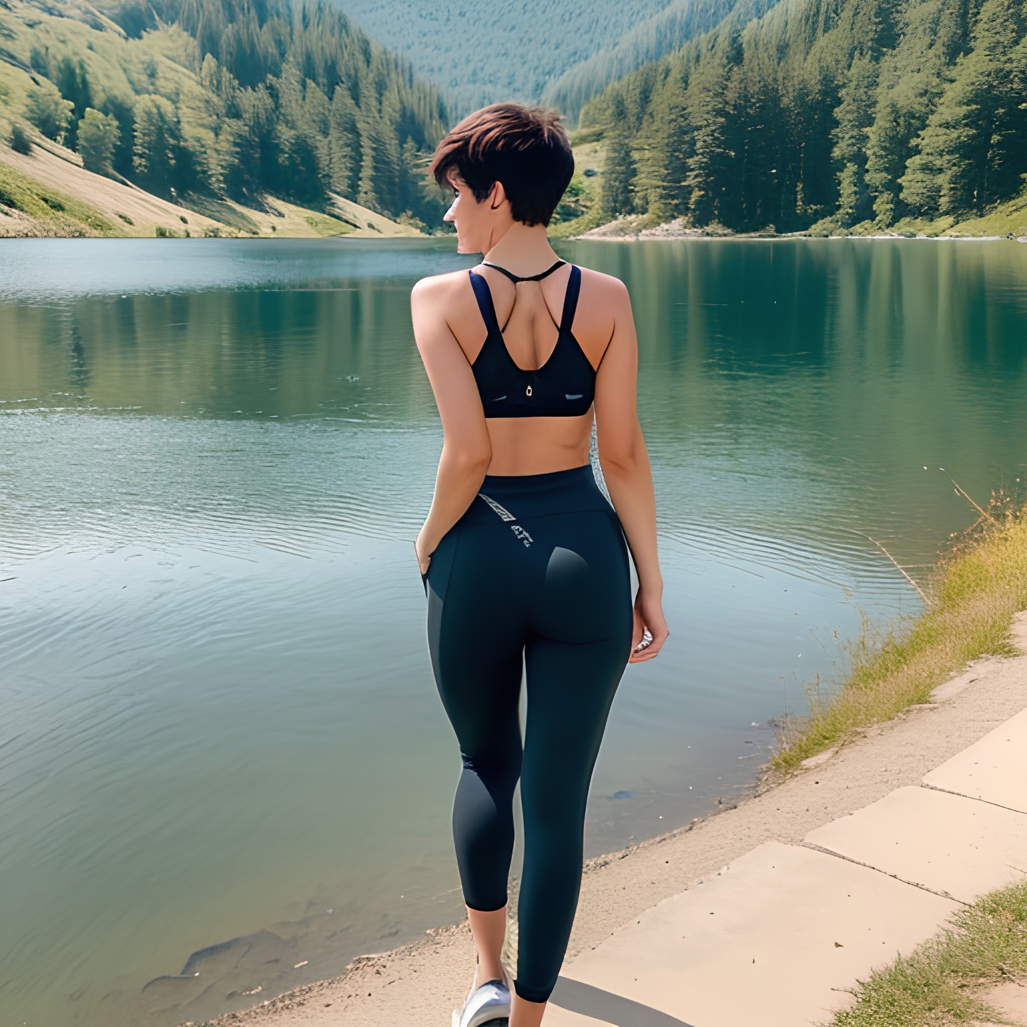 pixie haircut lake yoga pants 