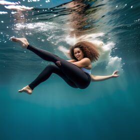 curly hair yoga pants underwater