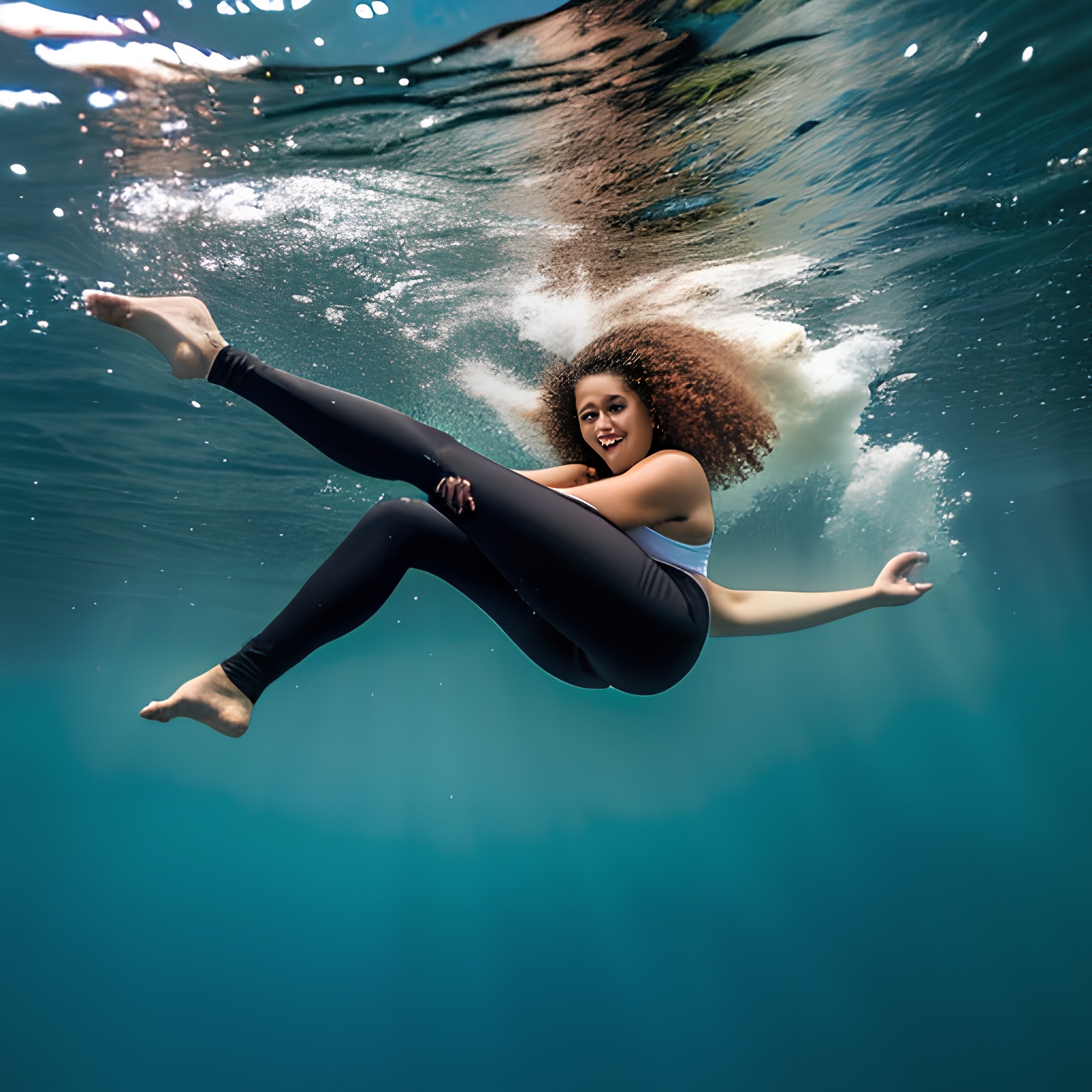 curly hair yoga pants underwater