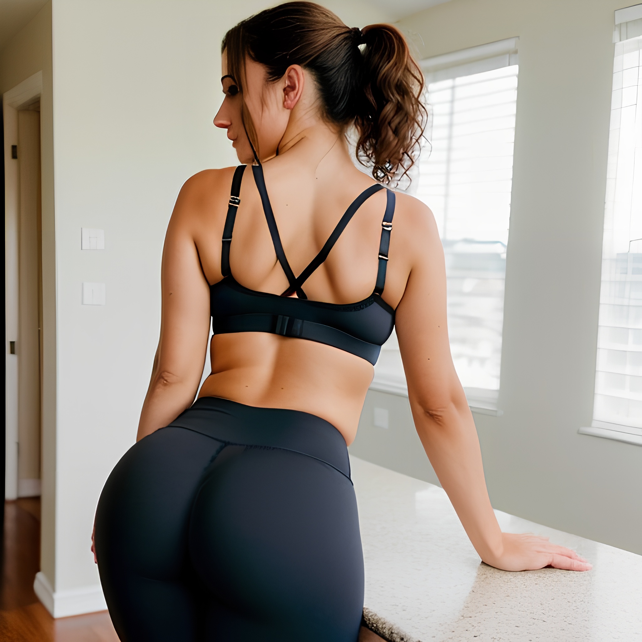 lingerie ponytail haircut yoga pants curly hair