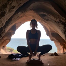 cave yoga pants messy hair