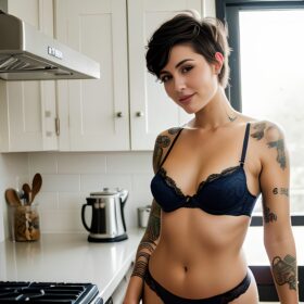 pixie haircut lingerie tattoo kitchen