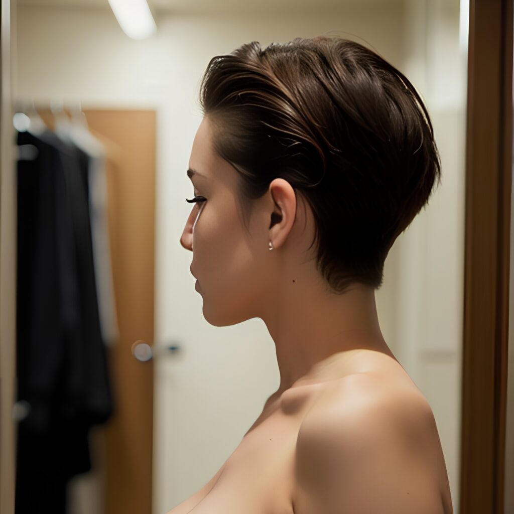 side partially nude changing room pixie haircut