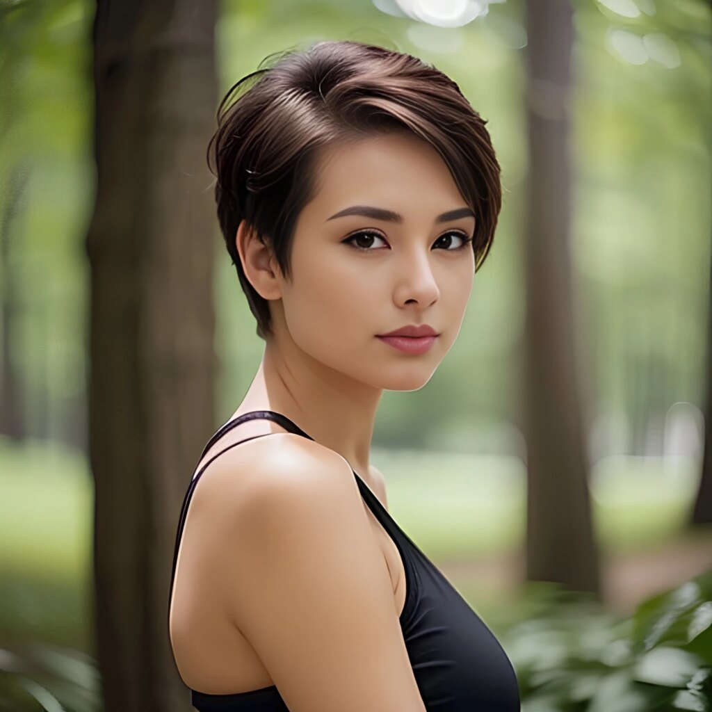 side pixie haircut yoga pants 